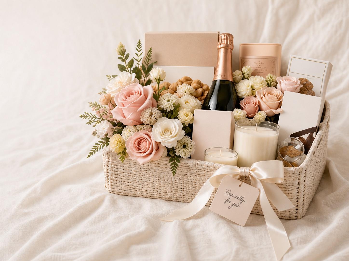 Luxury gift basket with blush and cream flowers, champagne, candles, and artisan treats